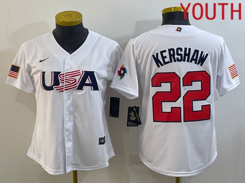 Youth 2023 World Cub USA 22 Kershaw White MLB Jersey2